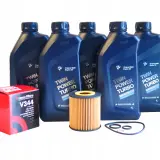 Butelki oleju silnikowego BMW Twin Power Turbo, filtr oleju Vasco Filters V344 i uszczelki.